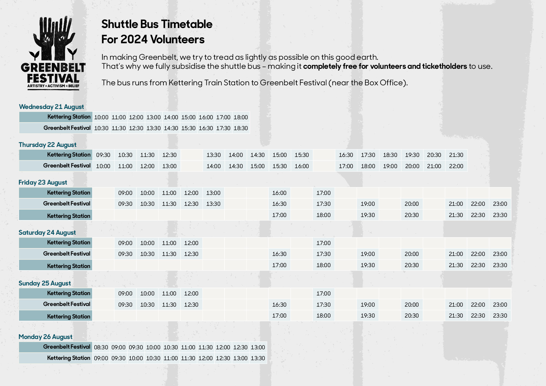Volunteer shuttle bus timetable